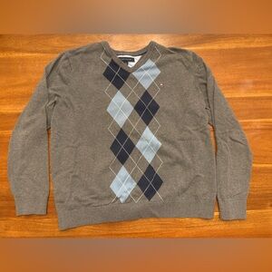 Tommy Hilfiger Argyle V-Neck Sweater XL | Gray Blue Classic Preppy Knit